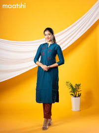 Pure raw silk readymade party wear kurti peacock blue  with embroidery & beaded work without pant