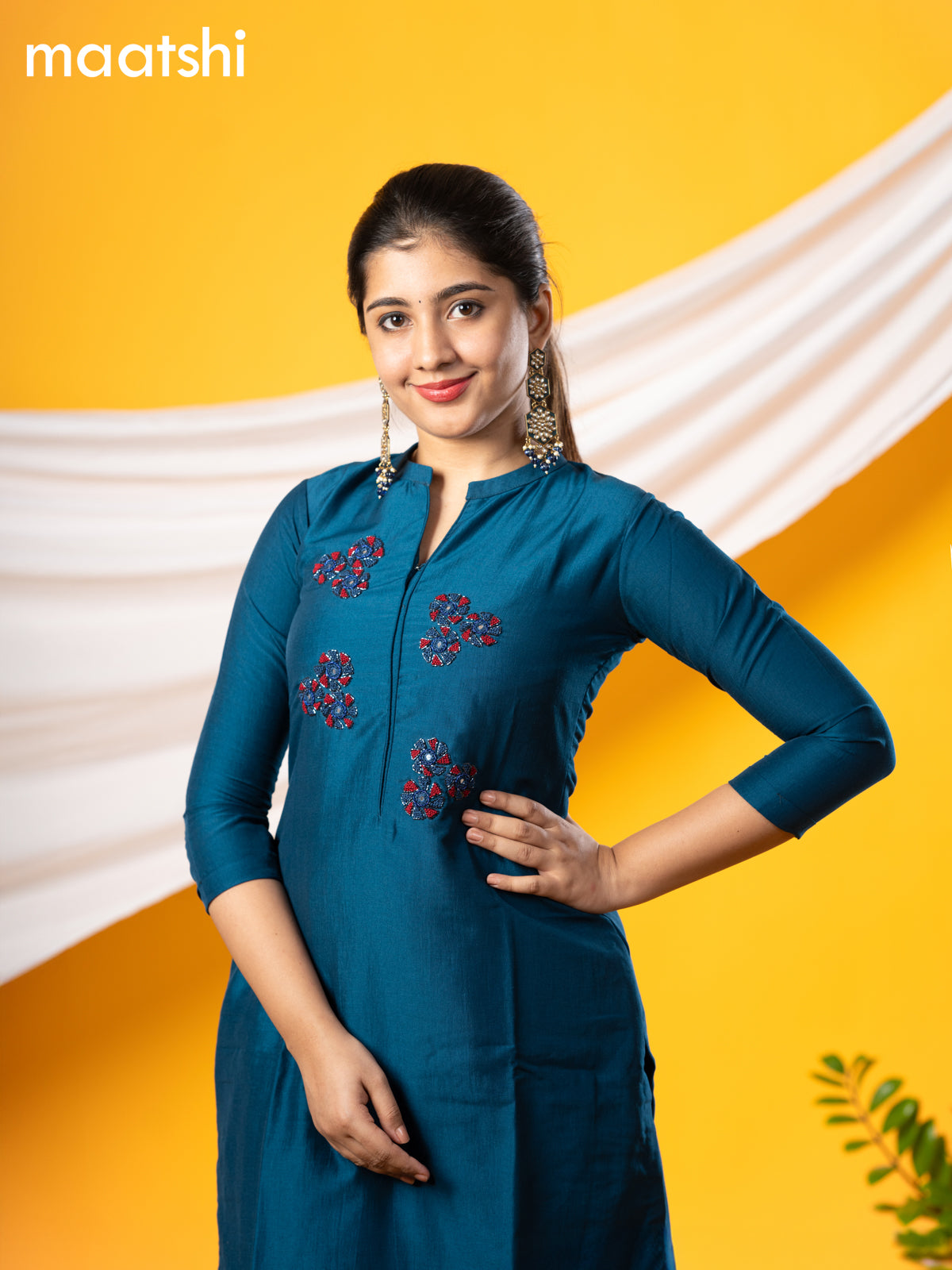 Pure raw silk readymade party wear kurti peacock blue  with embroidery & beaded work without pant