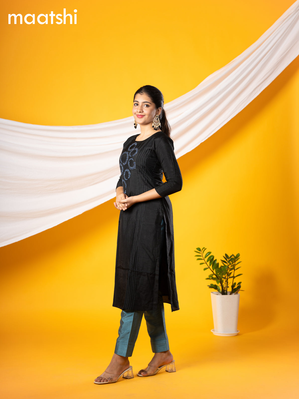 Pure raw silk readymade party wear kurti black with beaded & french knot work without pant