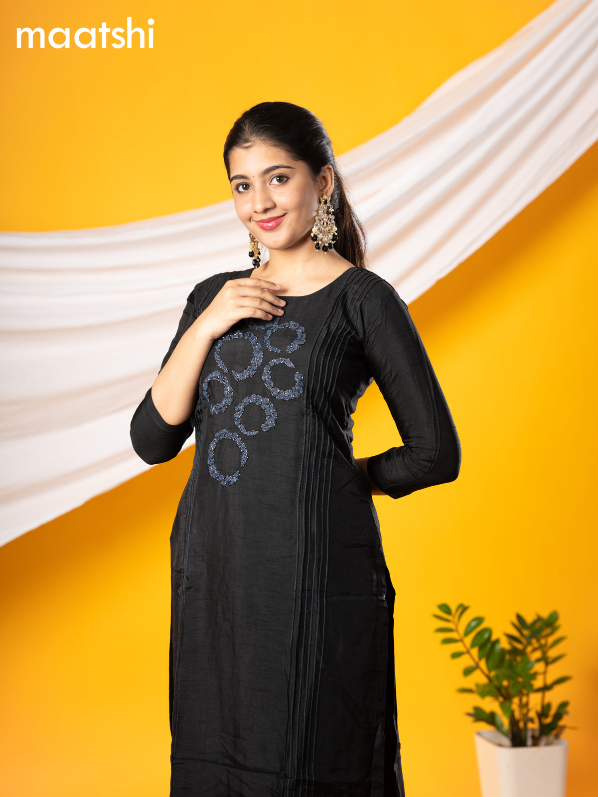 Pure raw silk readymade party wear kurti black with beaded & french knot work without pant