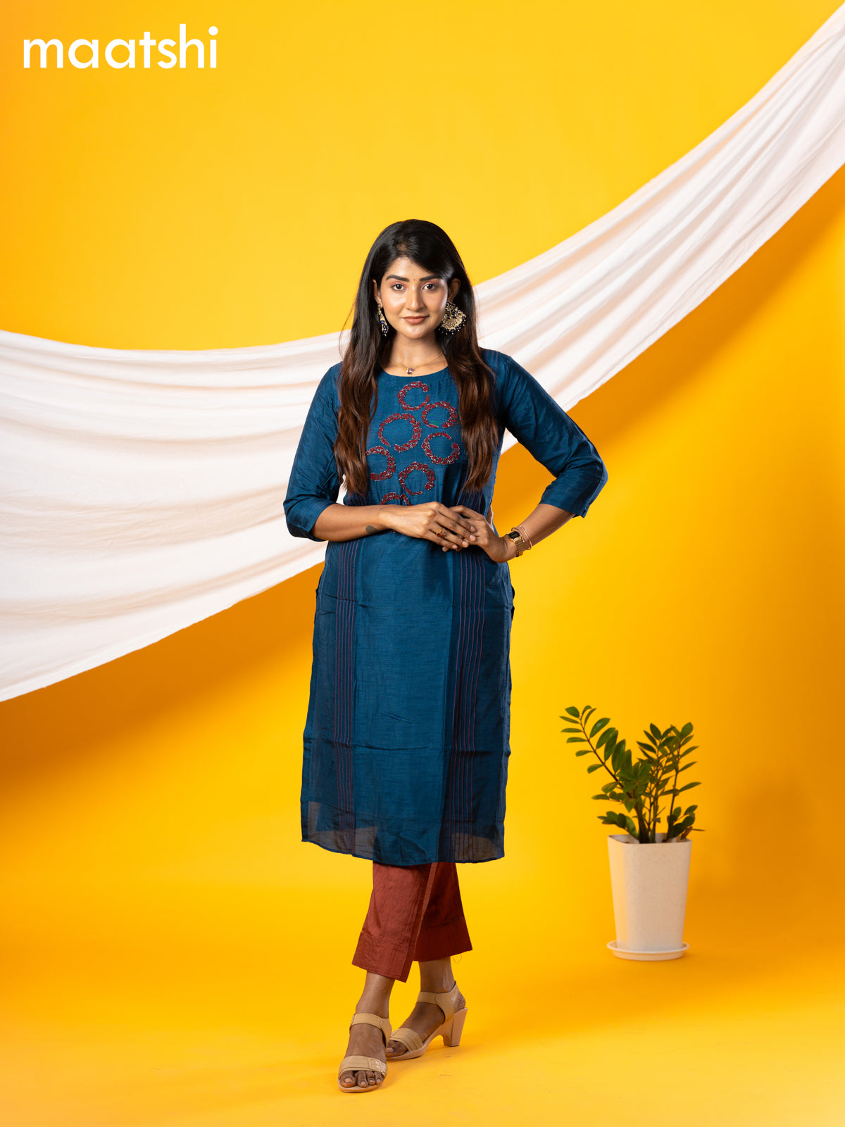 Pure raw silk readymade party wear kurti peacock blue with beaded & french knot work without pant