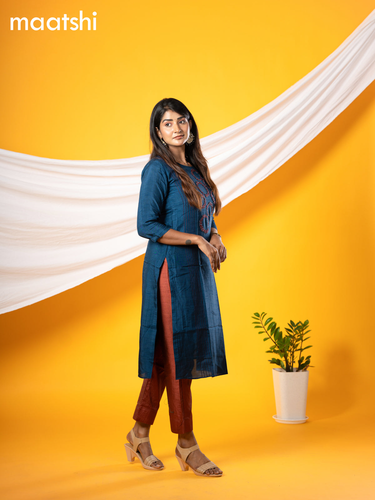 Pure raw silk readymade party wear kurti peacock blue with beaded & french knot work without pant