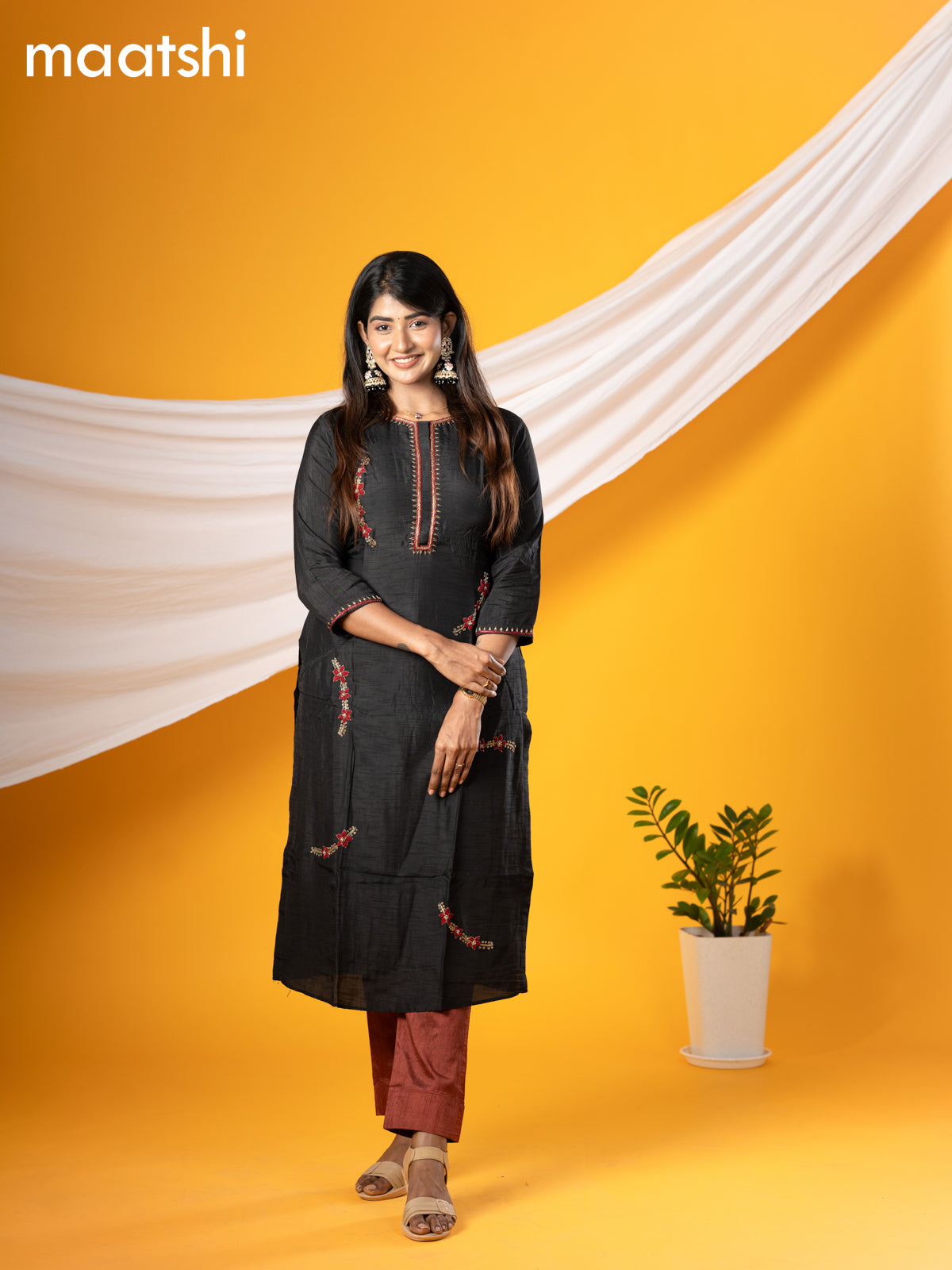 Pure raw silk readymade party wear kurti black with embroidery & zardosi work neck pattern without pant