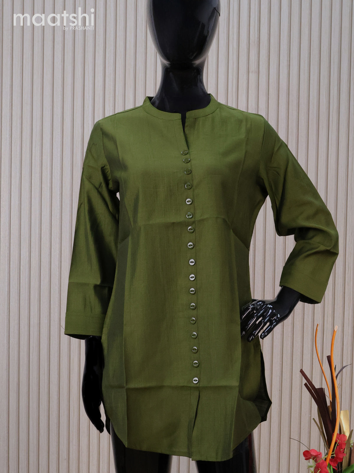 Rayon readymade short kurti sap green with plain body & simple neck pattern without pant