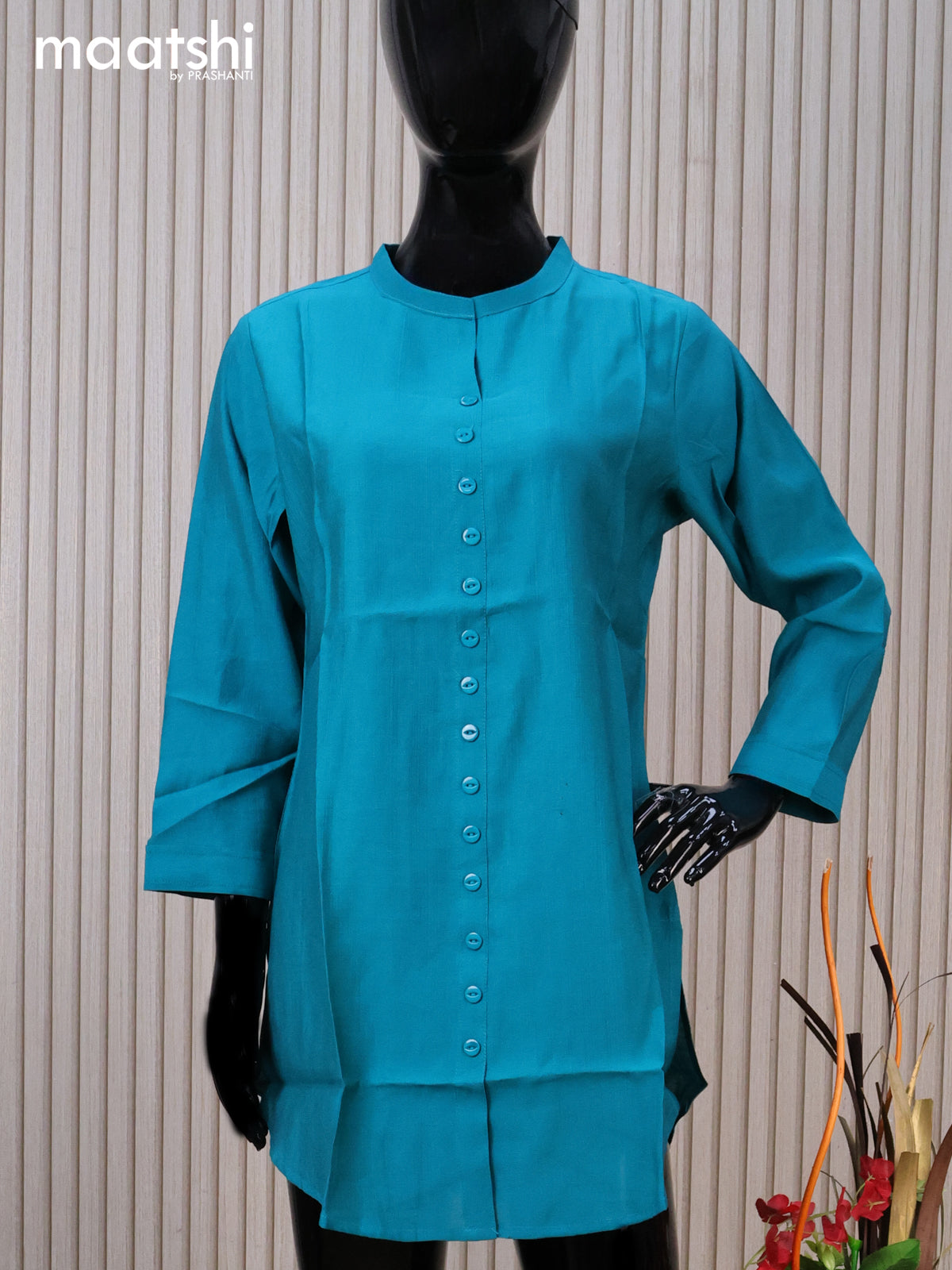 Rayon readymade short kurti teal blue with plain body & simple neck pattern without pant