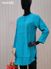 Rayon readymade short kurti teal blue with plain body & simple neck pattern without pant