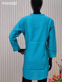 Rayon readymade short kurti teal blue with plain body & simple neck pattern without pant