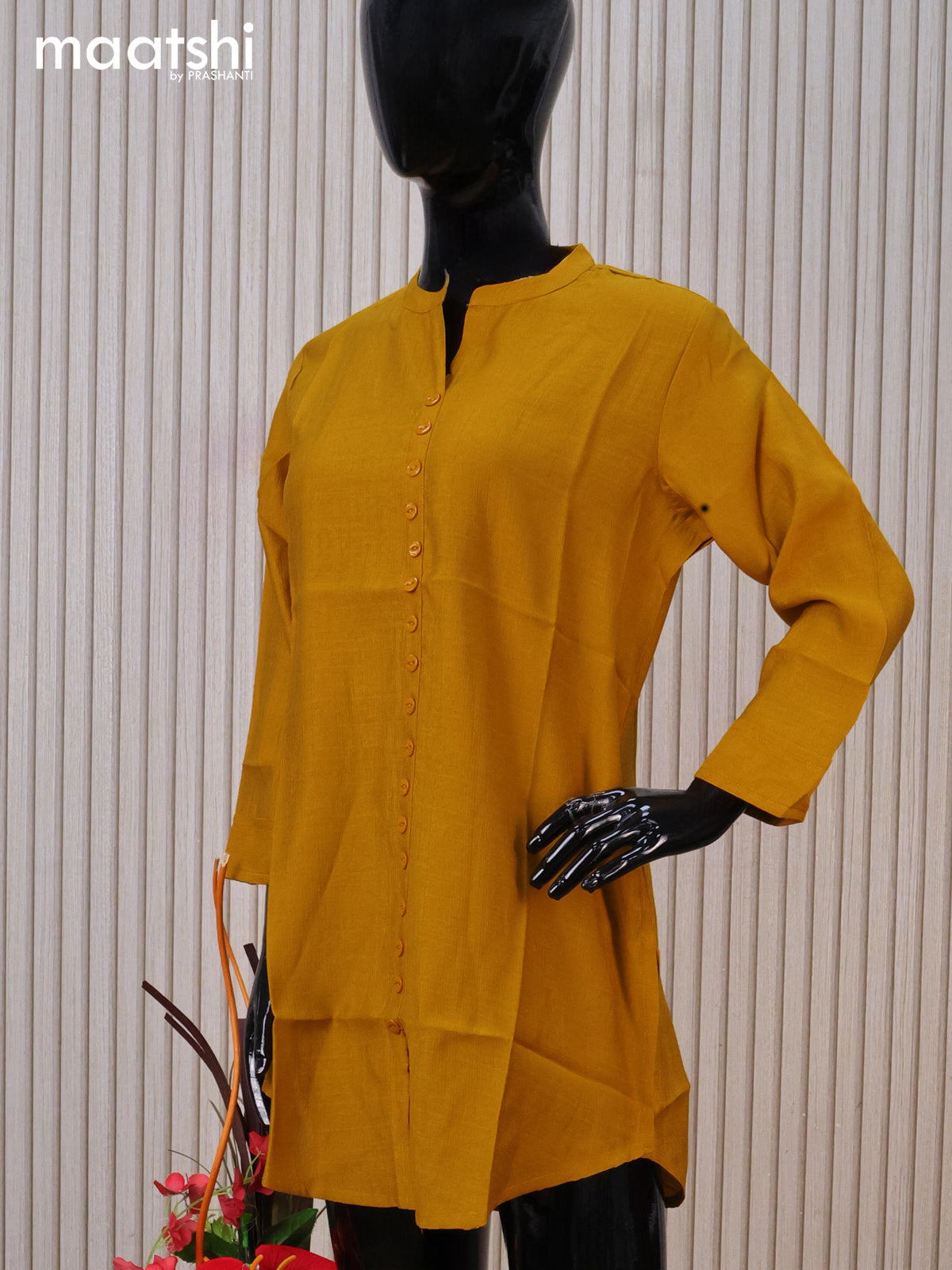 Rayon readymade short kurti mustard yellow with plain body & simple neck pattern without pant