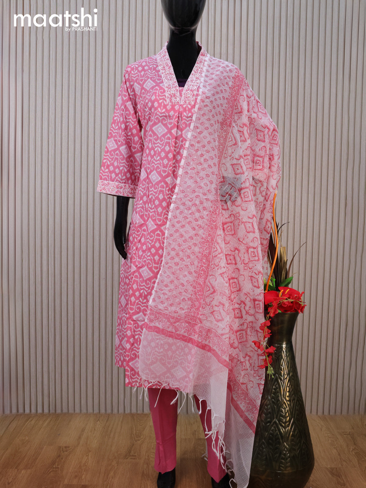 Cotton readymade salwar suit pink and off white with allover ikat prints & embroidery v neck pattern and straight cut pant & kota dupatta