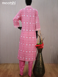 Cotton readymade salwar suit pink and off white with allover ikat prints & embroidery v neck pattern and straight cut pant & kota dupatta