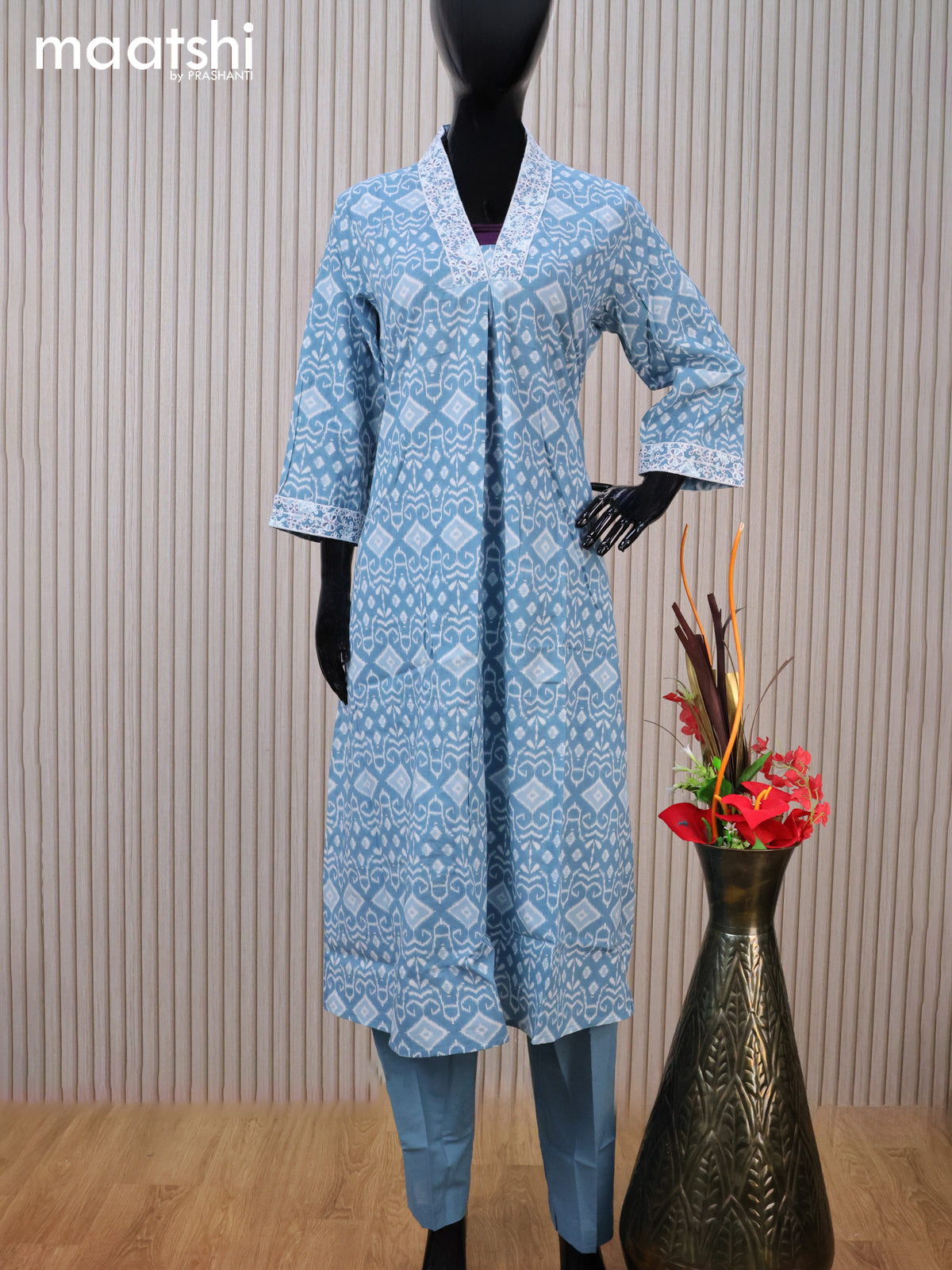 Cotton readymade salwar suit bluish grey and off white with allover ikat prints & embroidery v neck pattern and straight cut pant & kota dupatta