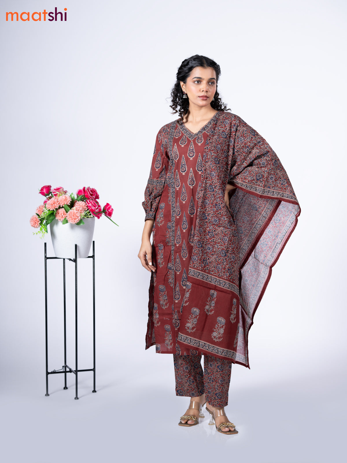 Cotton readymade salwar suit maroon shade and black with allover prints & embroidery sequin v neck pattern and straight cut pant & dupatta