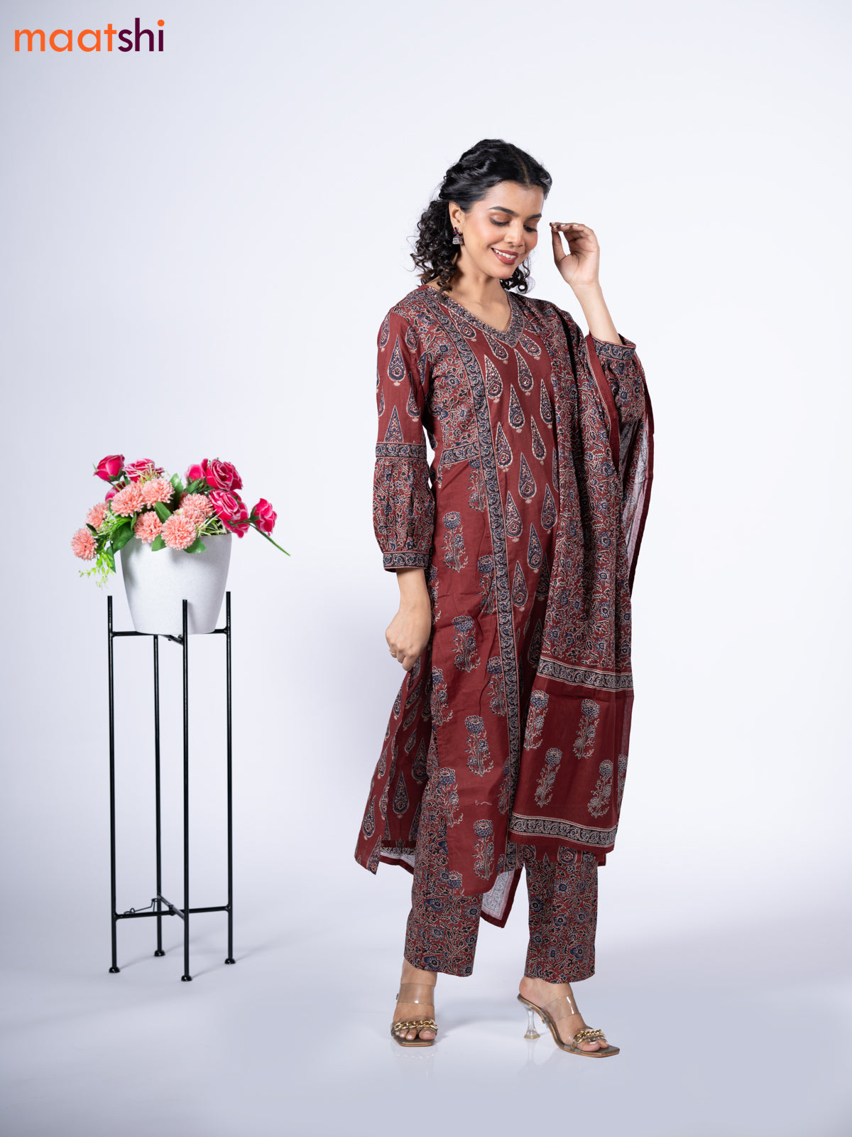 Cotton readymade salwar suit maroon shade and black with allover prints & embroidery sequin v neck pattern and straight cut pant & dupatta