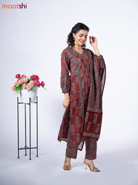 Cotton readymade salwar suit maroon shade and black with allover prints & embroidery sequin v neck pattern and straight cut pant & dupatta