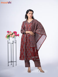 Cotton readymade salwar suit maroon shade and black with allover prints & embroidery sequin v neck pattern and straight cut pant & dupatta