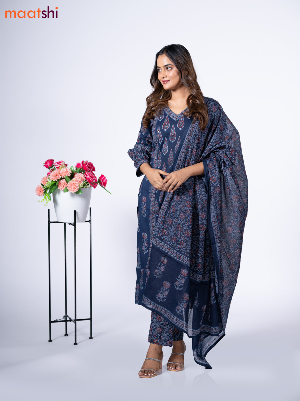 Cotton readymade salwar suit navy blue and maroon shade with allover prints & embroidery sequin v neck pattern and straight cut pant & dupatta