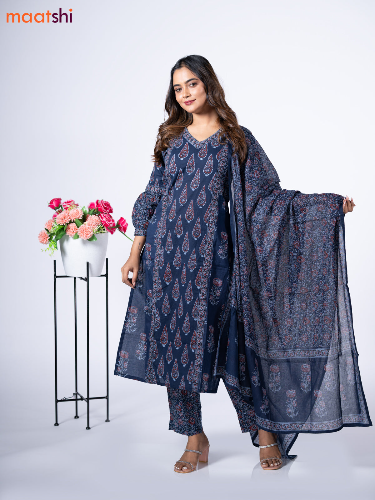 Cotton readymade salwar suit navy blue and maroon shade with allover prints & embroidery sequin v neck pattern and straight cut pant & dupatta