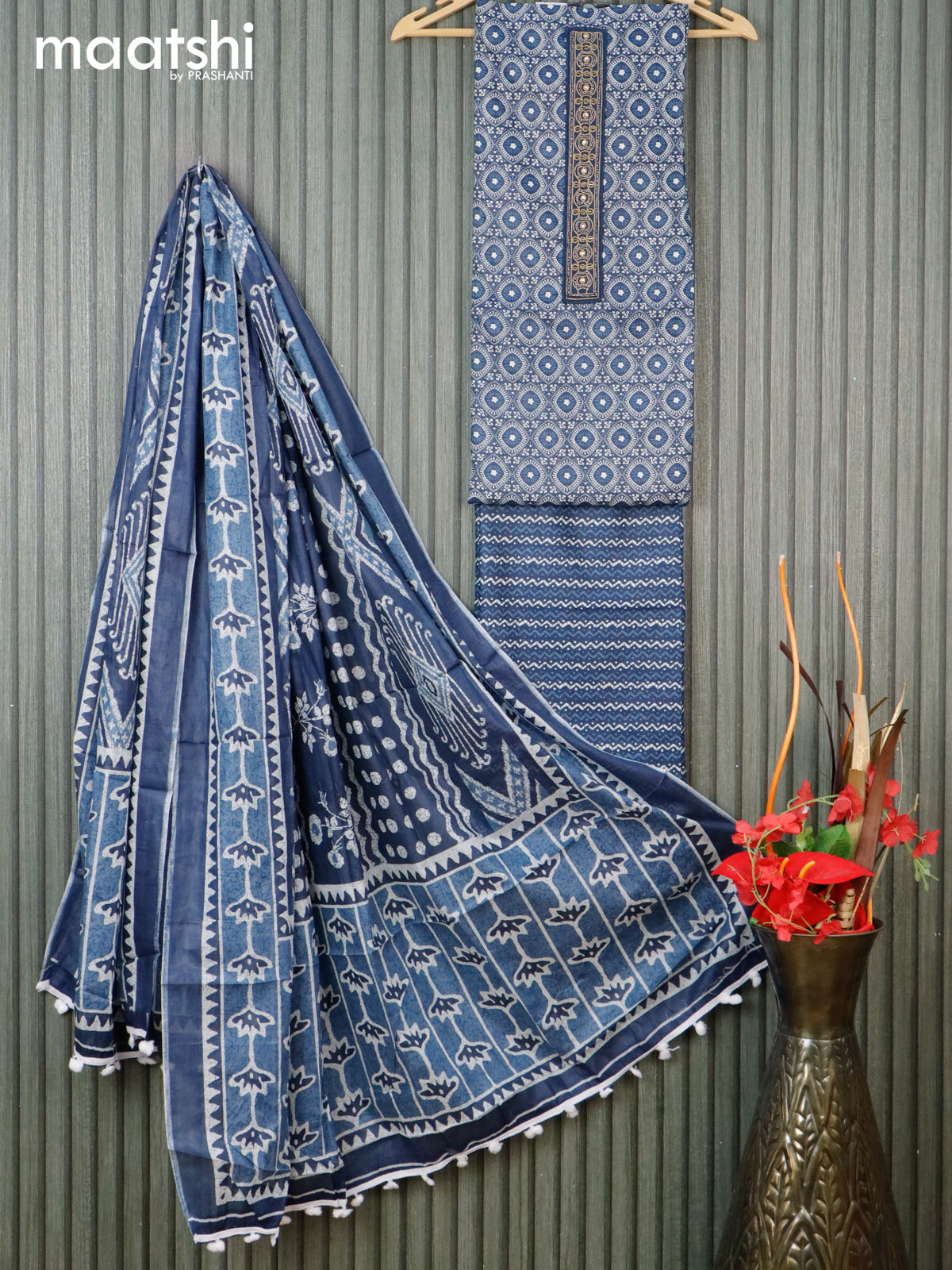 Cotton dress material blue with allover prints & beaded work neck pattern and bottom & cotton dupatta