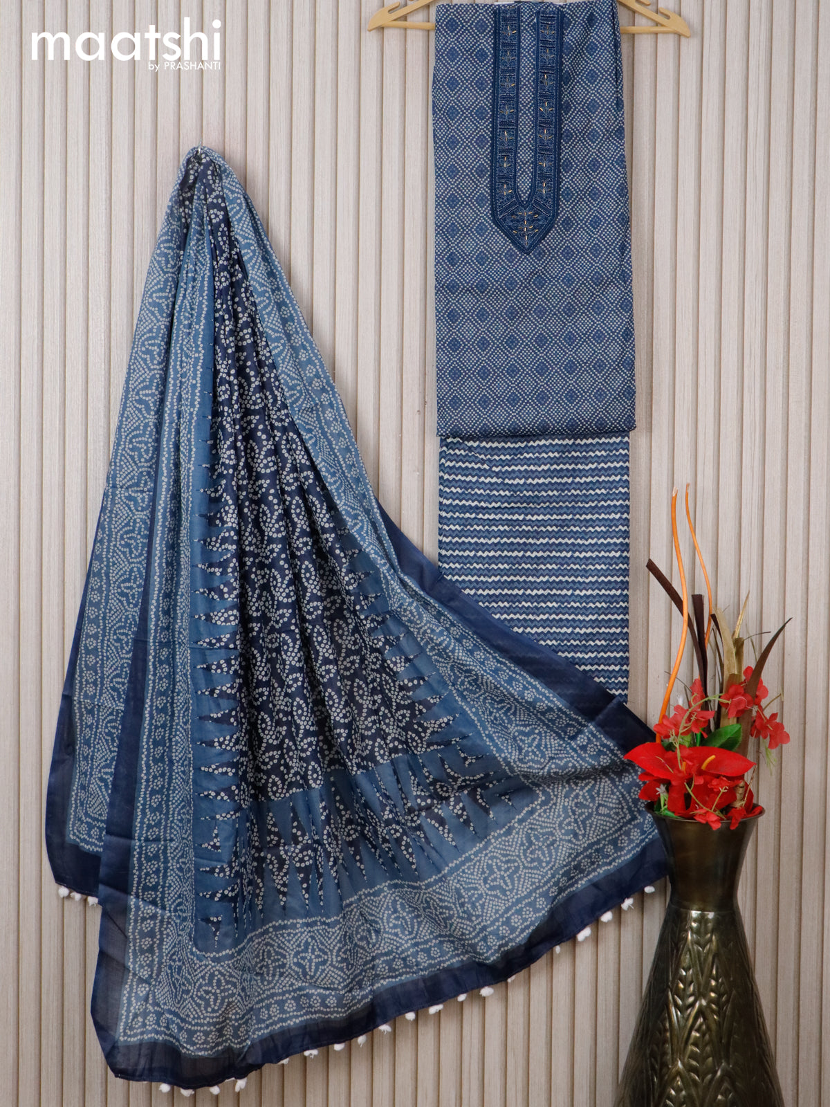 Cotton dress material blue and off white with allover bandhani prints & beaded work neck pattern and bottom & cotton dupatta