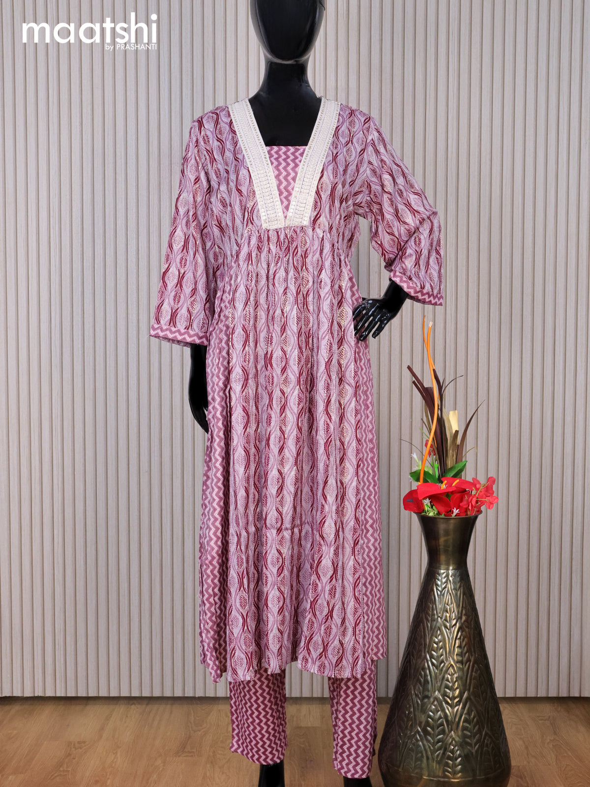 Rayon readymade kurti set maroon with allover prints & sequin work v neck pattern and straight cut pant