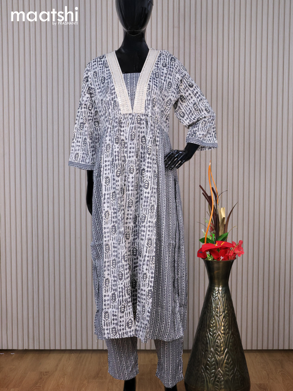 Rayon readymade kurti set grey off white and blue with allover prints & sequin work v neck pattern and straight cut pant