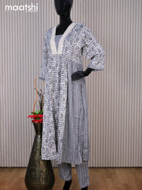 Rayon readymade kurti set grey off white and blue with allover prints & sequin work v neck pattern and straight cut pant