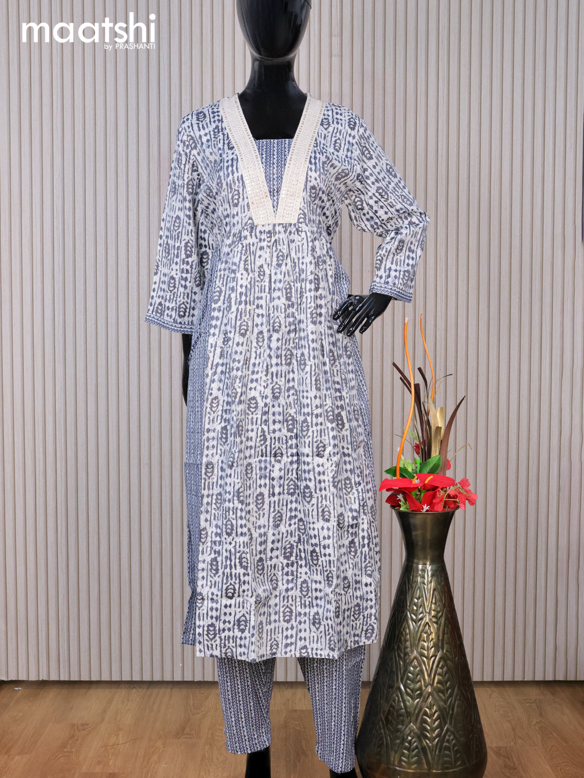 Rayon readymade kurti set off white and black with allover prints & sequin work v neck pattern and straight cut pant