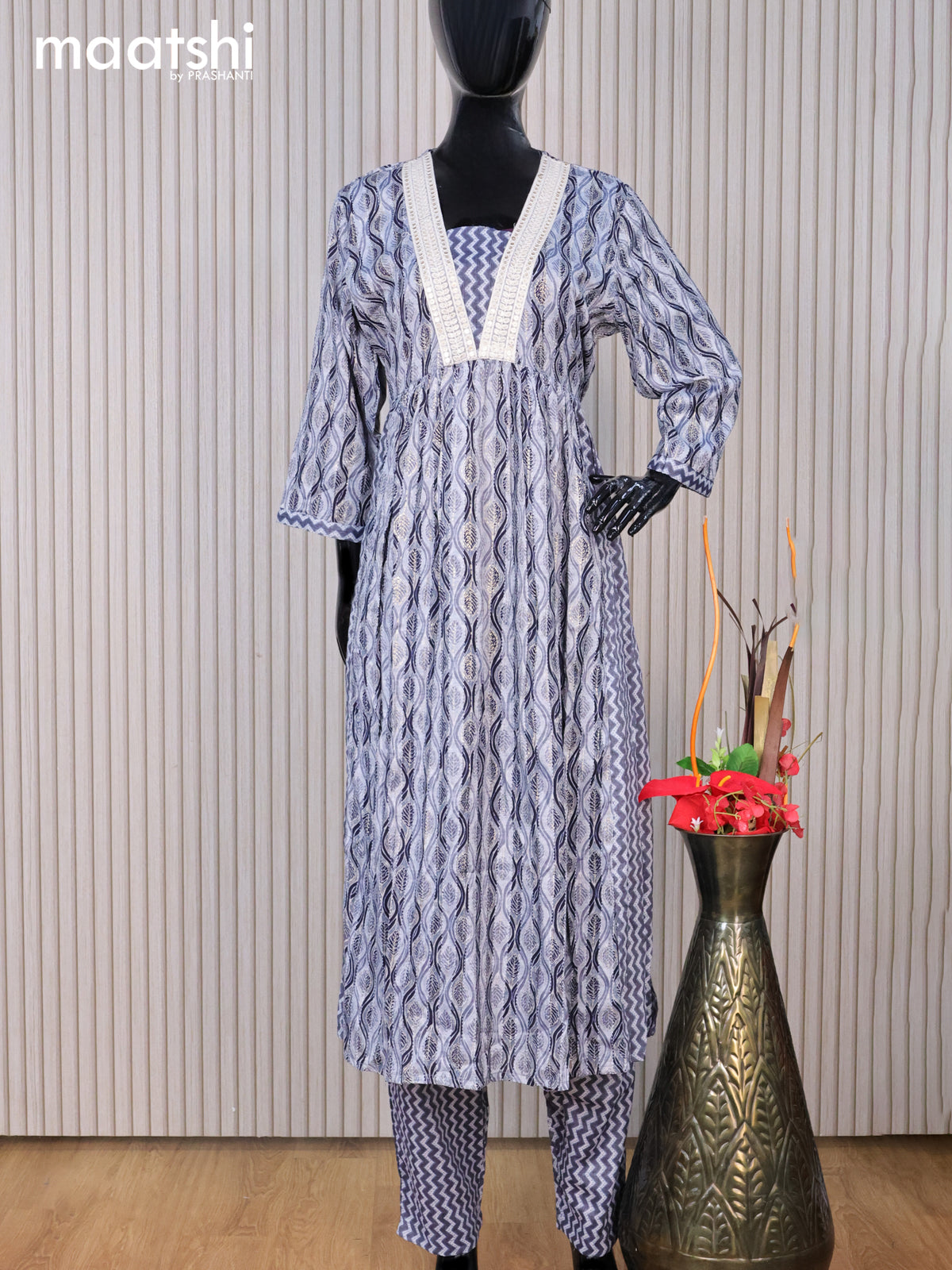 Rayon readymade kurti set navy blue with allover prints & sequin work v neck pattern and straight cut pant