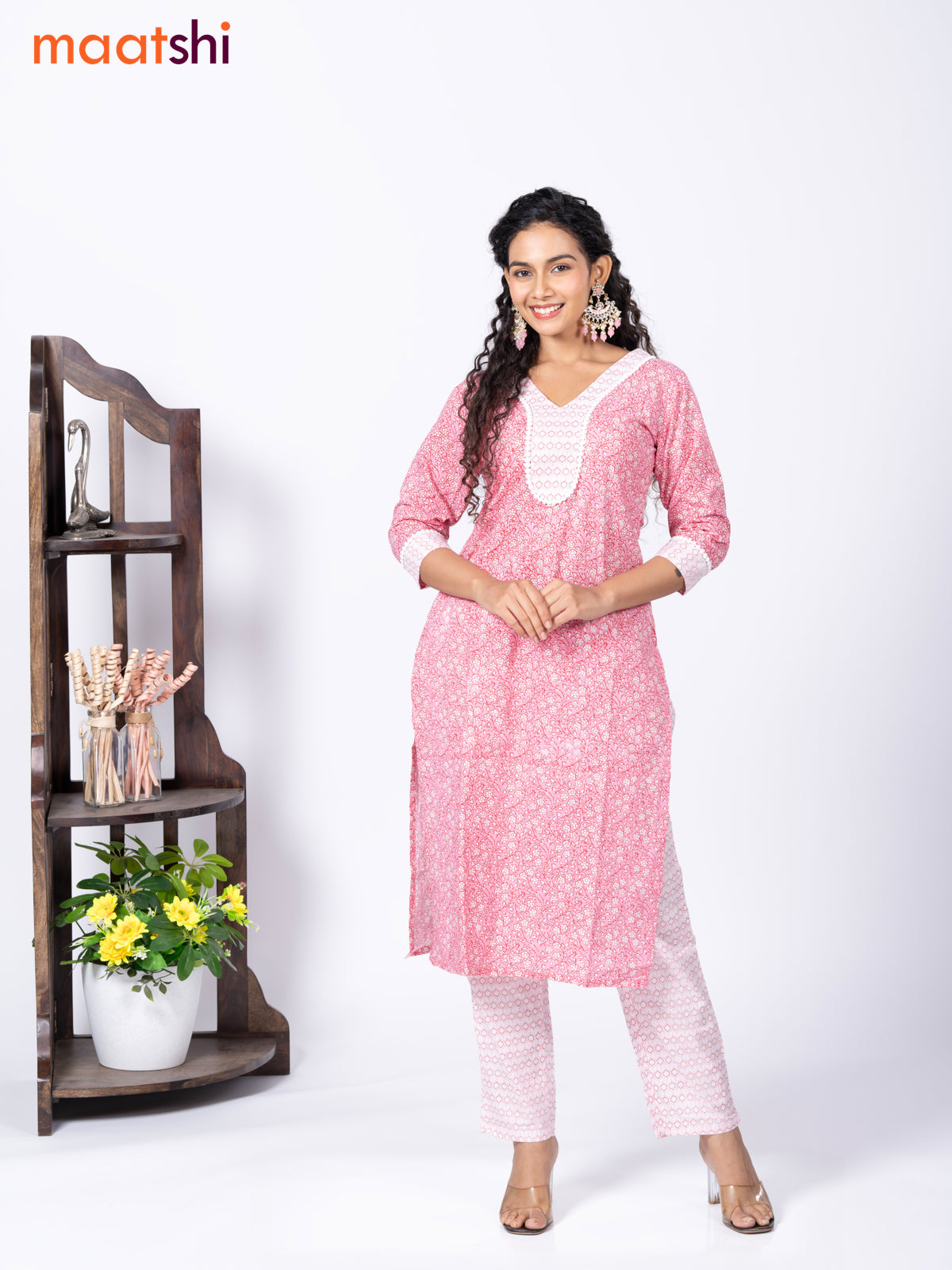 Cotton readymade kurti set light pink and off white with allover floral prints & patch work neck pattern and straight cut pant