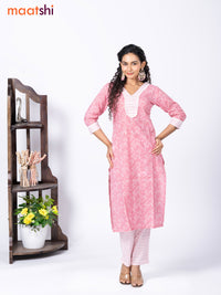 Cotton readymade kurti set light pink and off white with allover floral prints & patch work neck pattern and straight cut pant