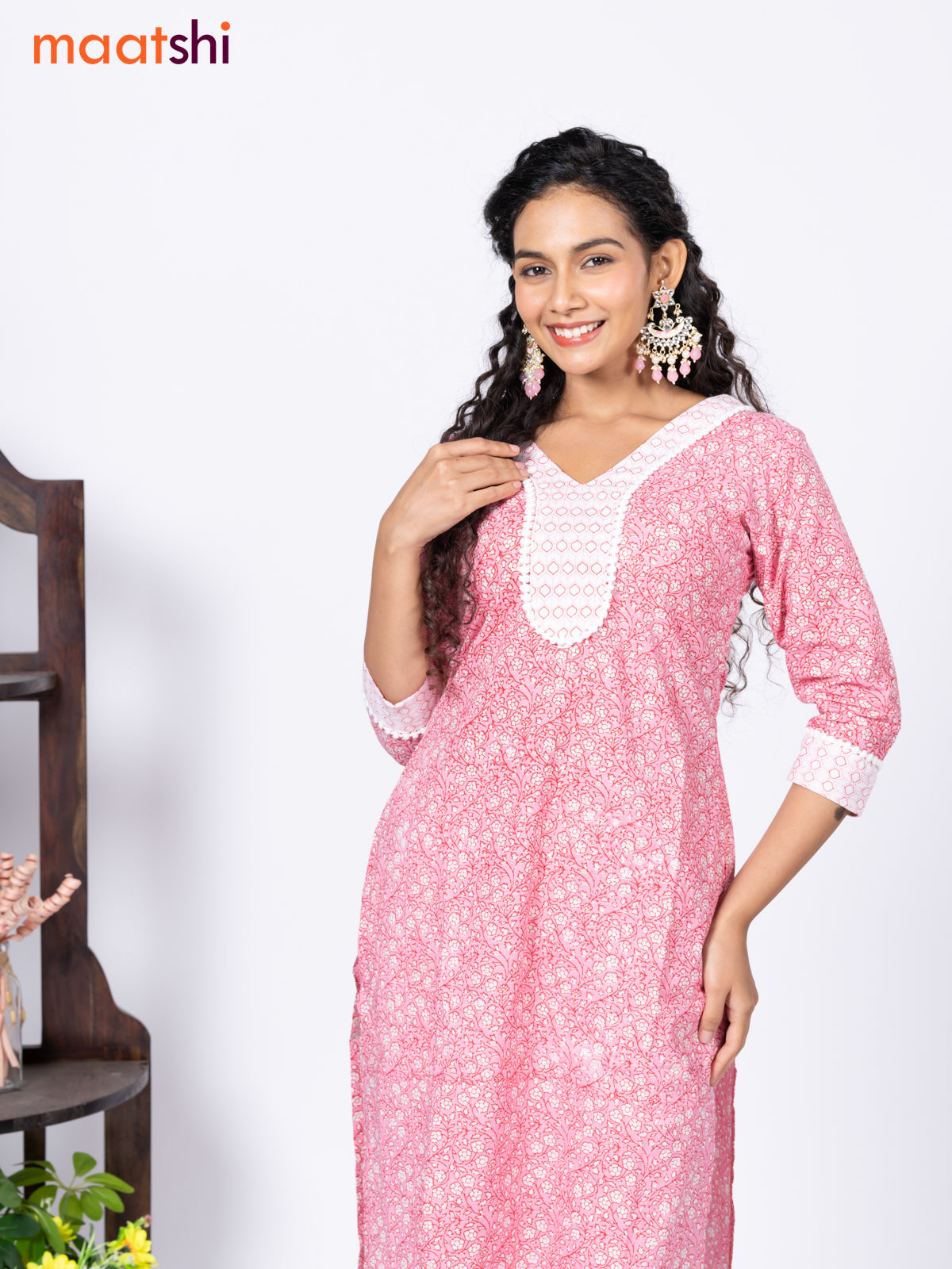 Cotton readymade kurti set light pink and off white with allover floral prints & patch work neck pattern and straight cut pant