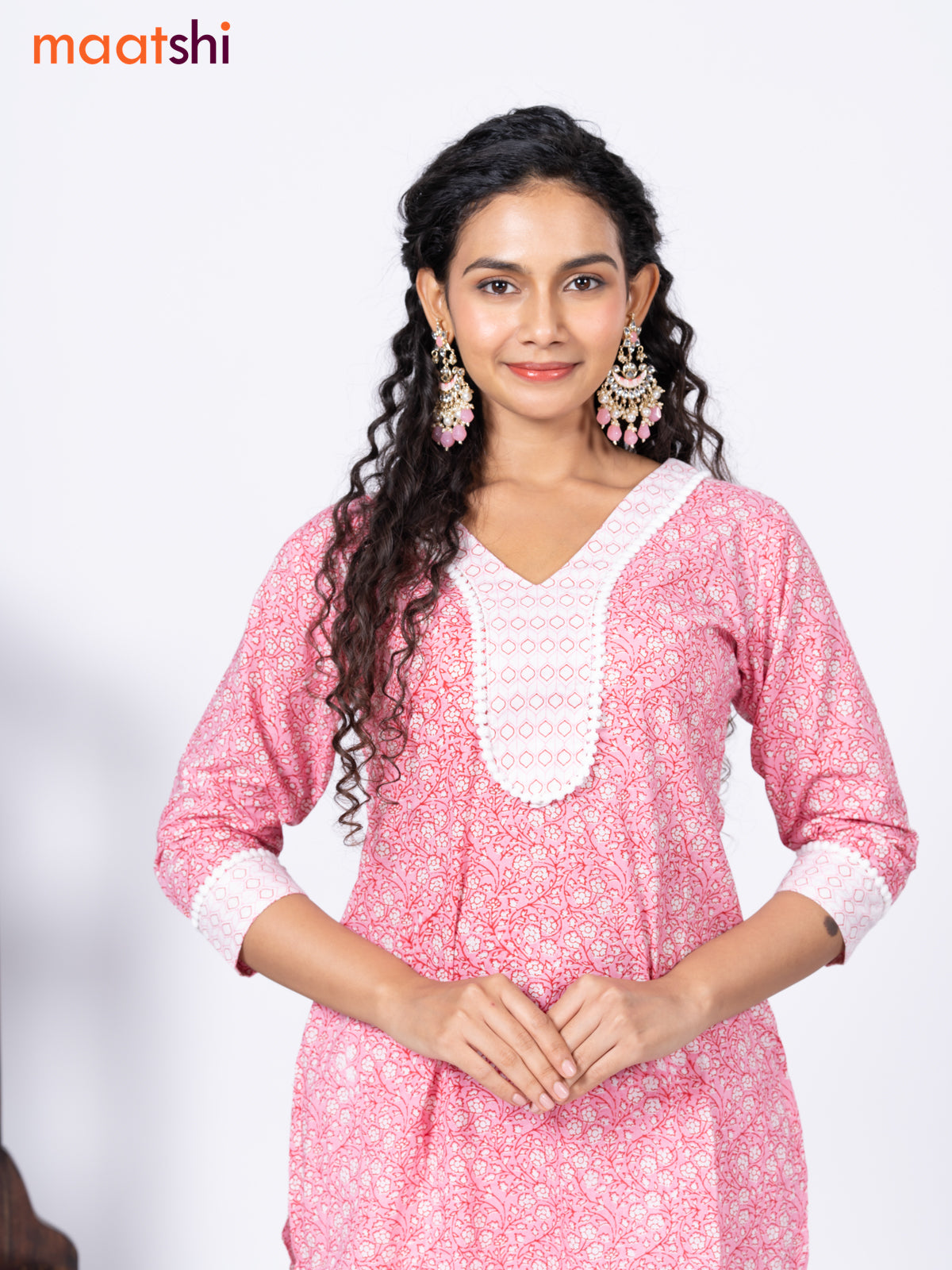 Cotton readymade kurti set light pink and off white with allover floral prints & patch work neck pattern and straight cut pant