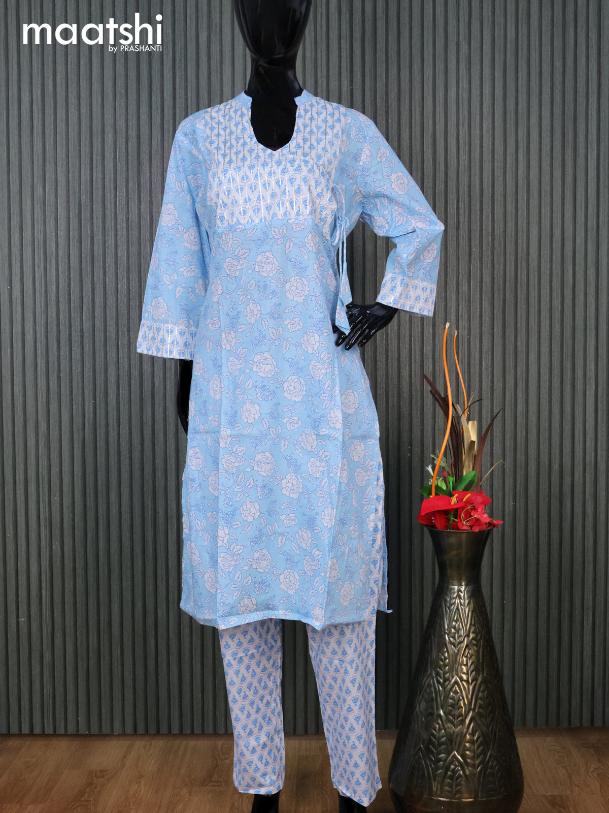 Cotton readymade kurti set light blue and off white with allover floral prints & leheriya work neck pattern and straight cut pant