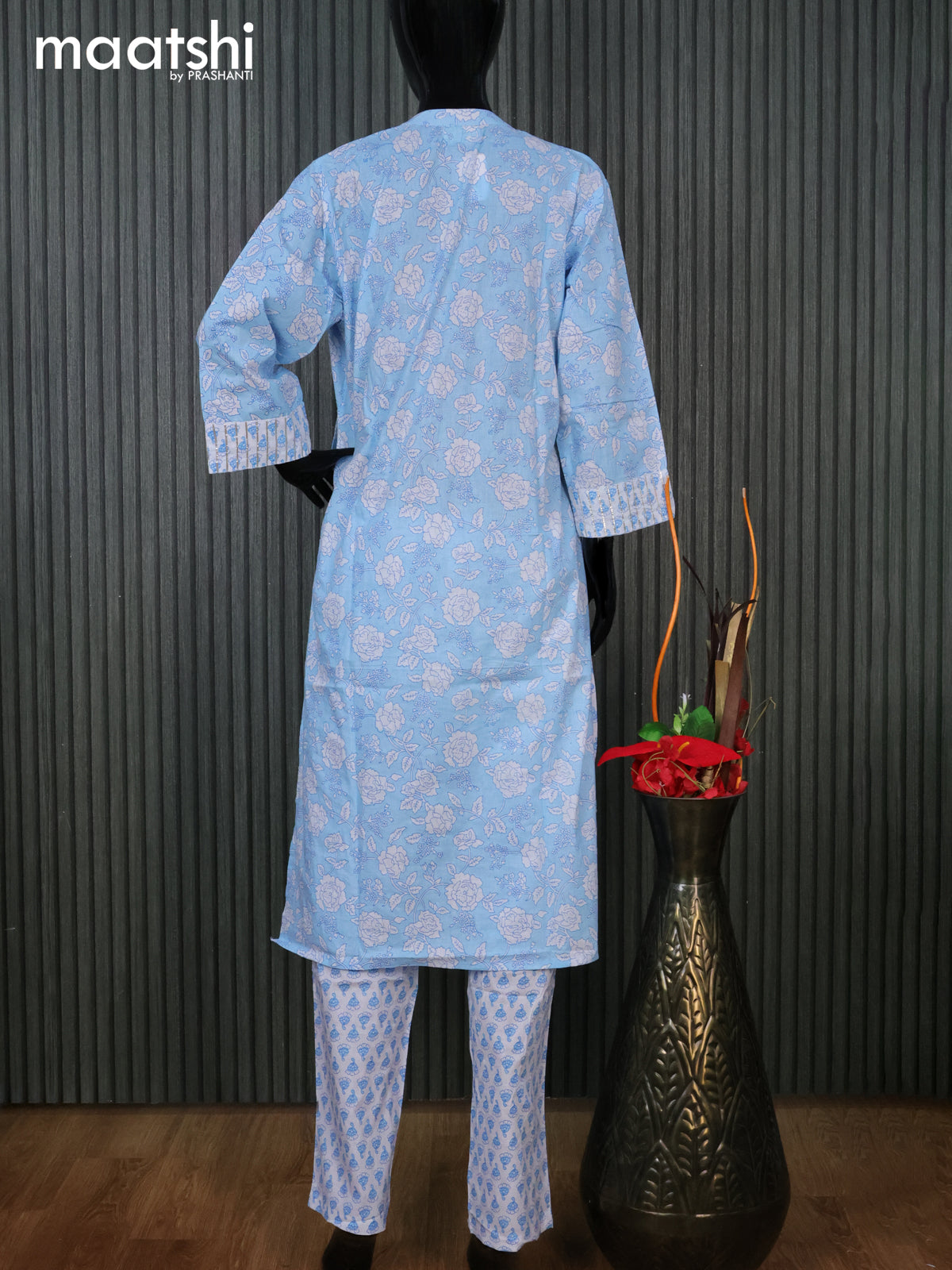 Cotton readymade kurti set light blue and off white with allover floral prints & leheriya work neck pattern and straight cut pant