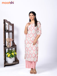 Cotton readymade kurti set cream and pink with allover floral prints & gotapatti lace work neck pattern and straight cut pant