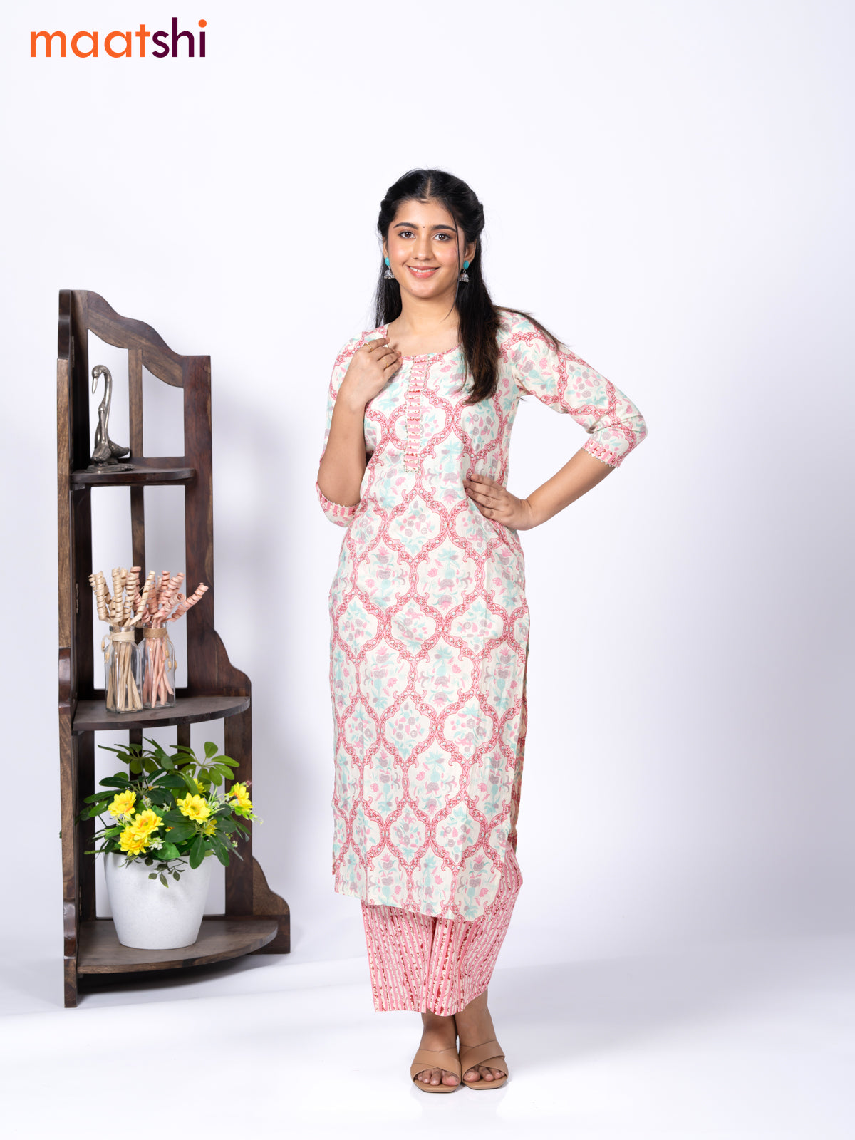 Cotton readymade kurti set cream and pink with allover floral prints & gotapatti lace work neck pattern and straight cut pant