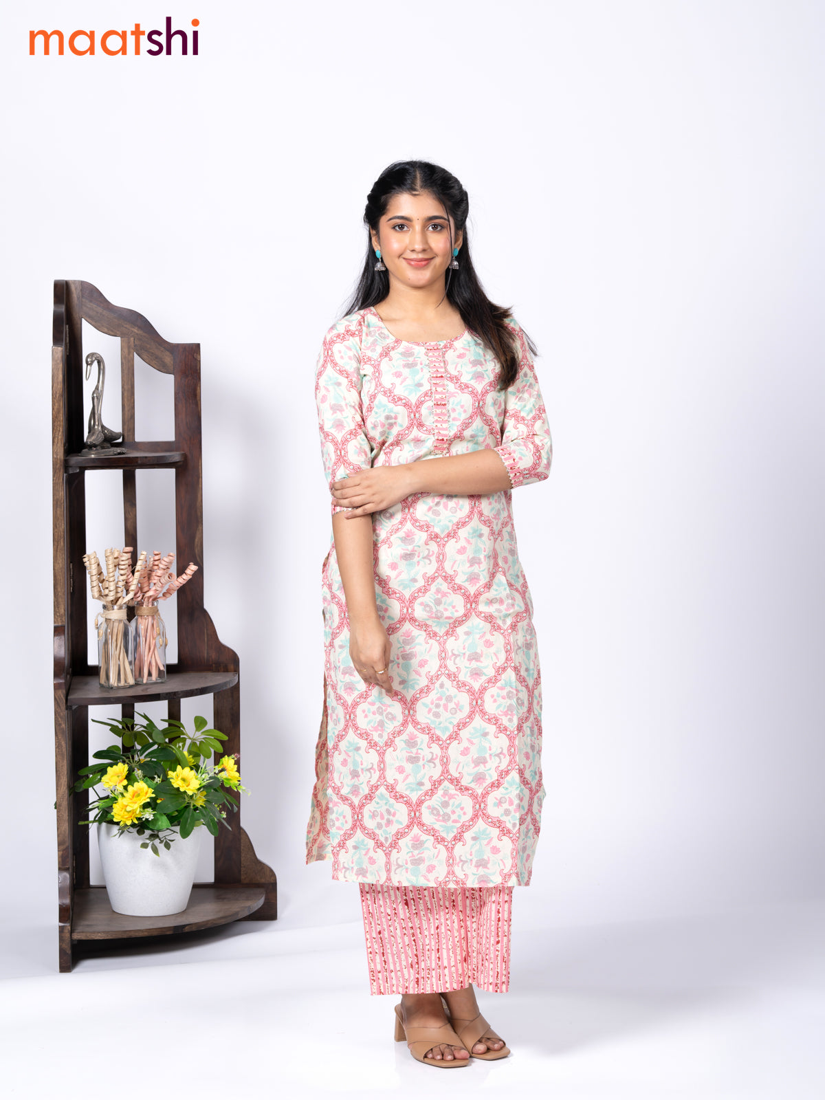 Cotton readymade kurti set cream and pink with allover floral prints & gotapatti lace work neck pattern and straight cut pant