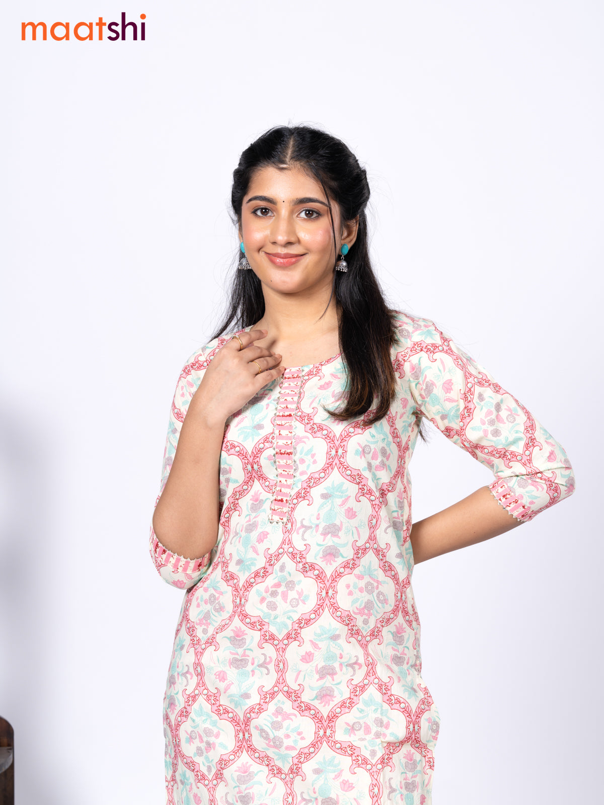 Cotton readymade kurti set cream and pink with allover floral prints & gotapatti lace work neck pattern and straight cut pant