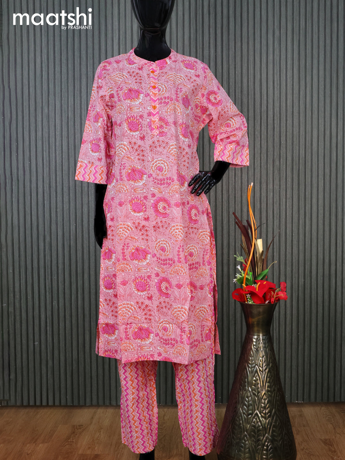 Cotton readymade kurti set light pink with allover floral prints & simple neck pattern and straight cut pant