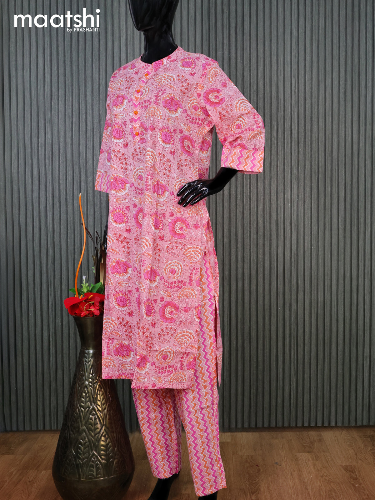 Cotton readymade kurti set light pink with allover floral prints & simple neck pattern and straight cut pant