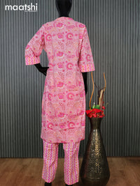 Cotton readymade kurti set light pink with allover floral prints & simple neck pattern and straight cut pant