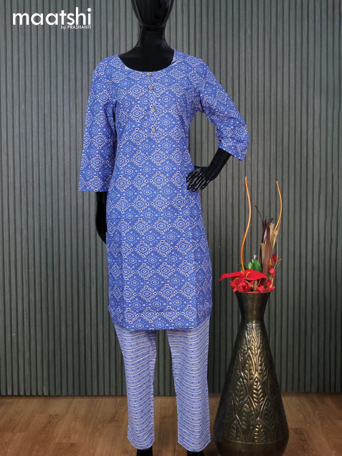 Cotton readymade kurti set blue with allover prints & simple neck pattern and straight cut pant