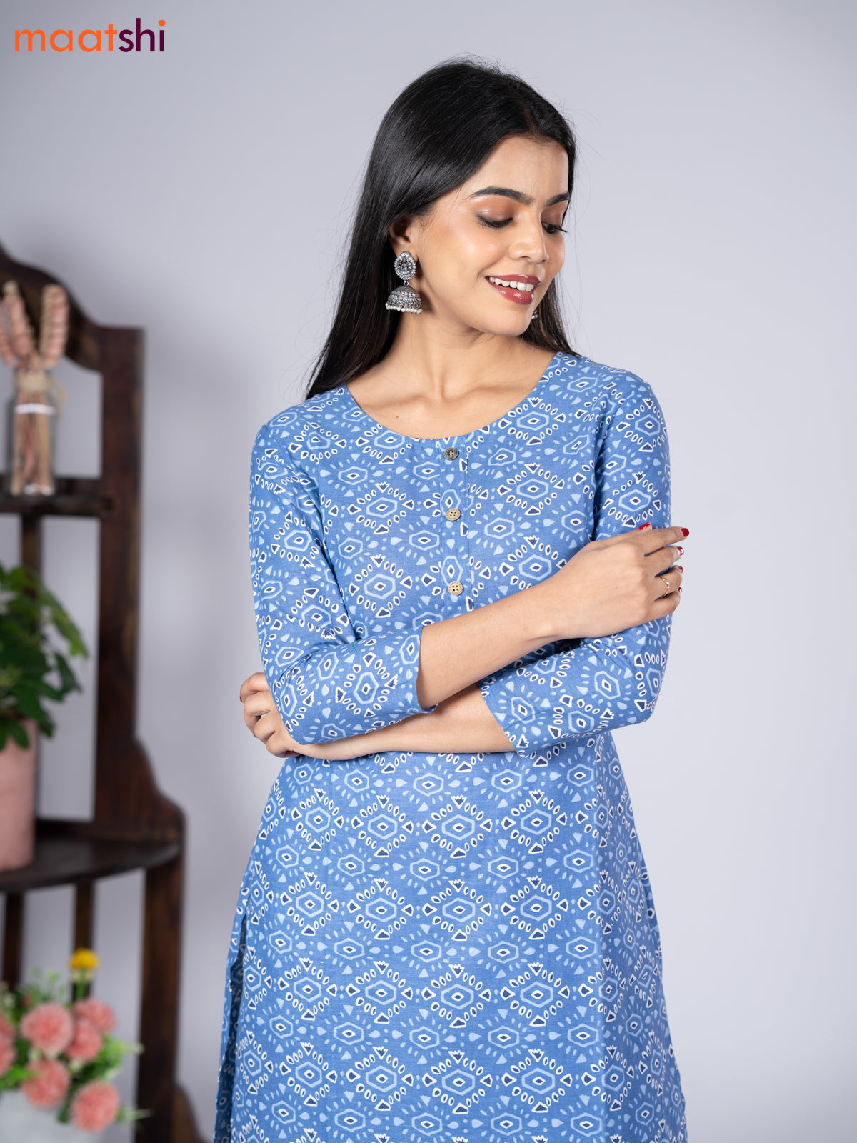 Cotton readymade kurti set blue with allover prints & simple neck pattern and straight cut pant