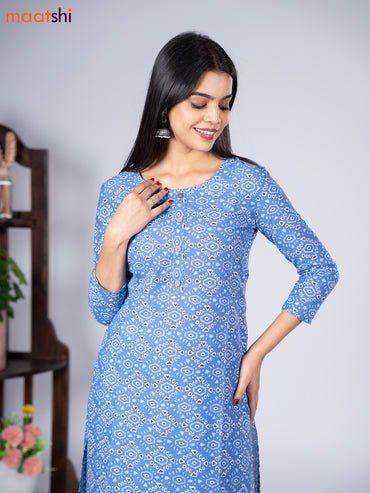 Cotton readymade kurti set blue with allover prints & simple neck pattern and straight cut pant