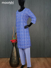 Cotton readymade kurti set blue with allover prints & simple neck pattern and straight cut pant