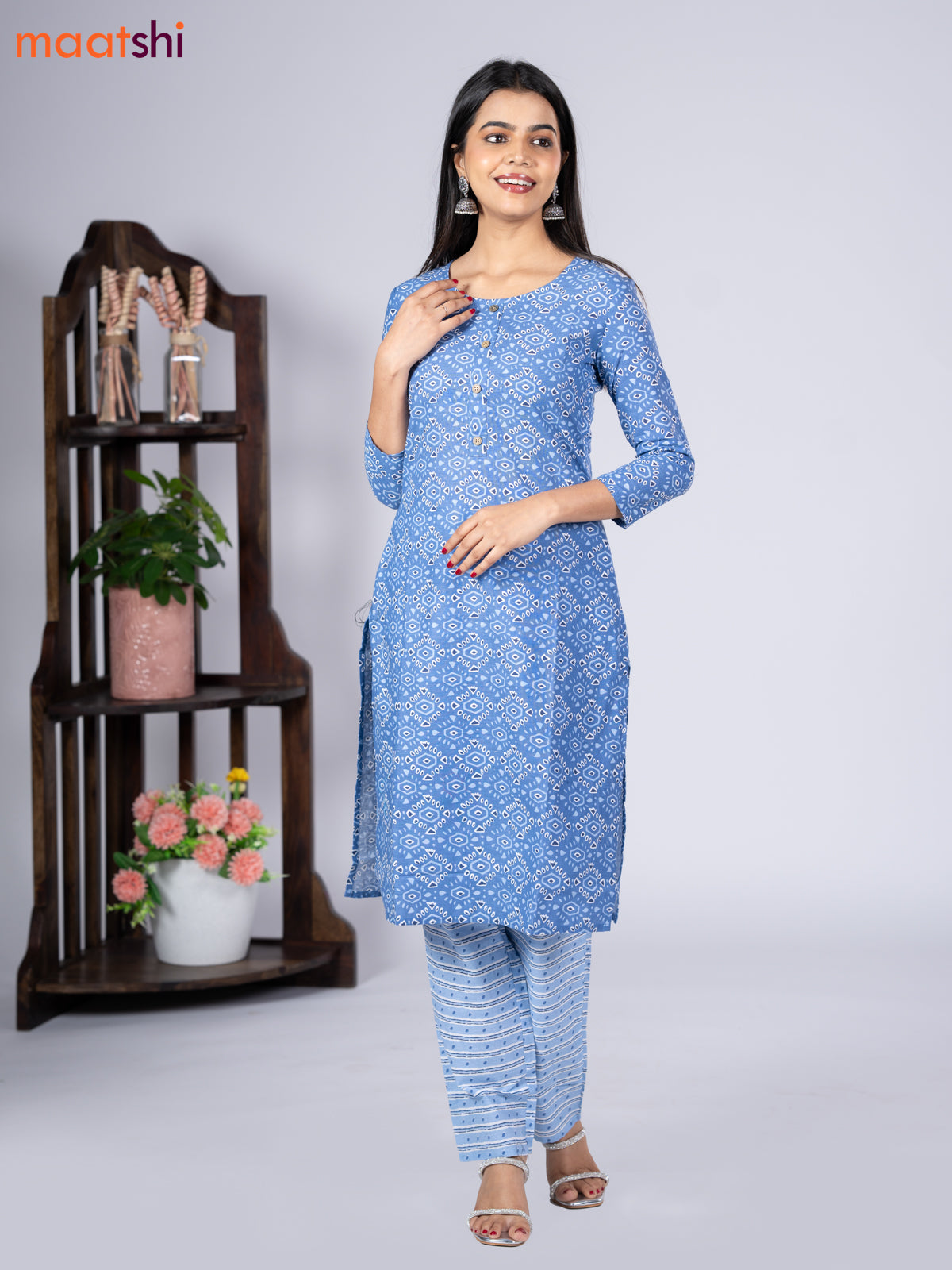 Cotton readymade kurti set blue with allover prints & simple neck pattern and straight cut pant