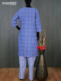 Cotton readymade kurti set blue with allover prints & simple neck pattern and straight cut pant