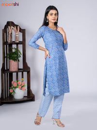 Cotton readymade kurti set blue with allover prints & simple neck pattern and straight cut pant