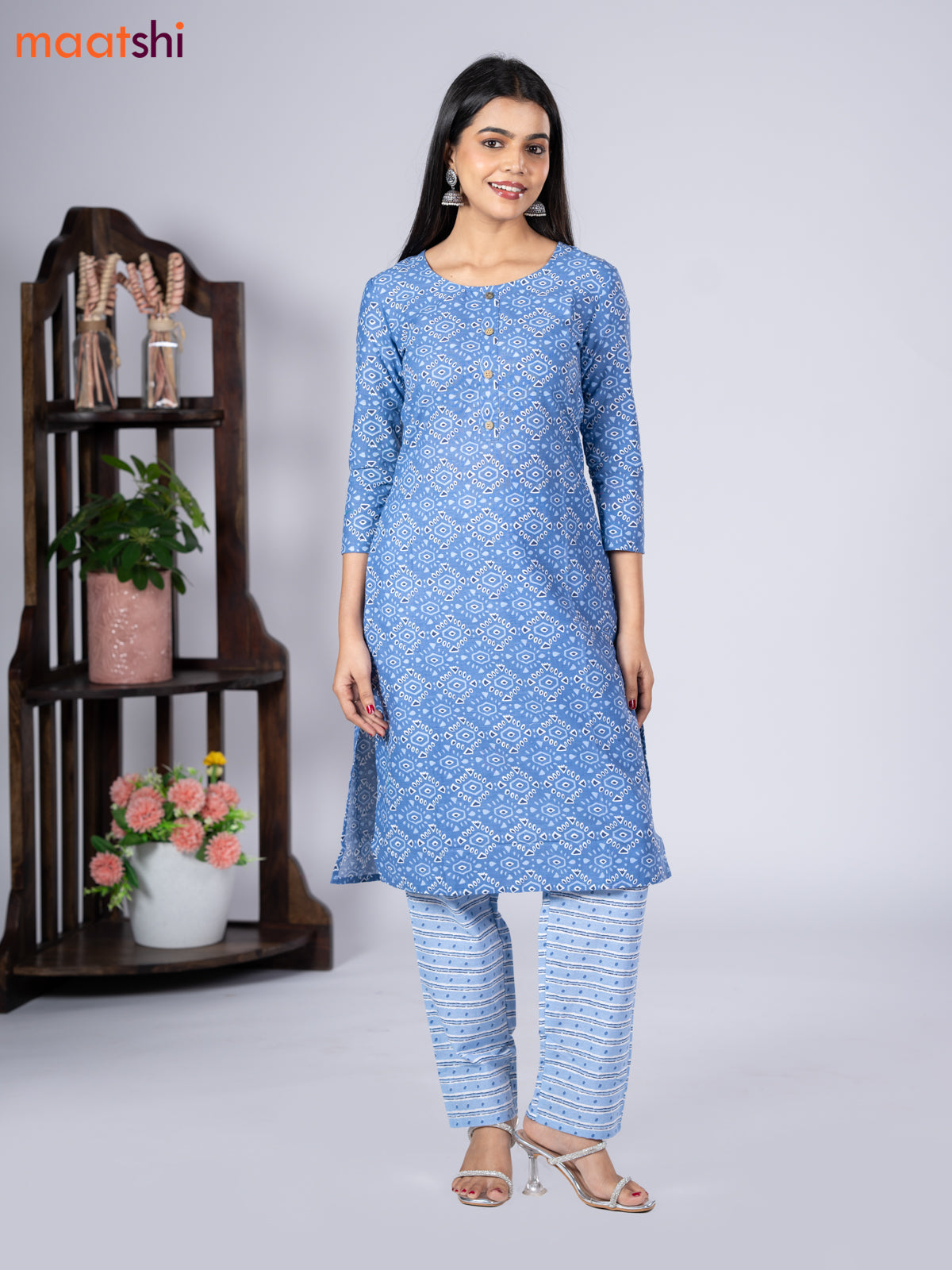 Cotton readymade kurti set blue with allover prints & simple neck pattern and straight cut pant