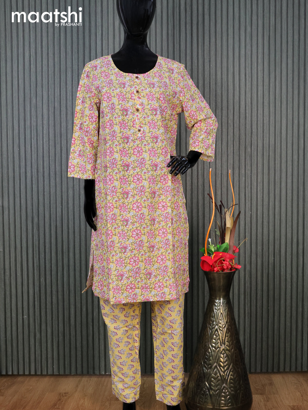 Cotton readymade kurti set pale yellow and pink with allover floral prints & simple neck pattern and straight cut pant